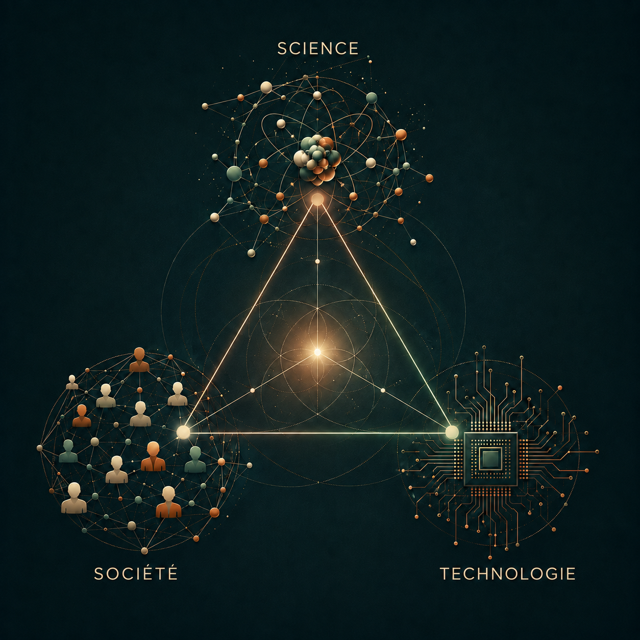 Illustration contemporaine représentant la science, la société et la technologie aux trois sommets d’un triangle interconnecté