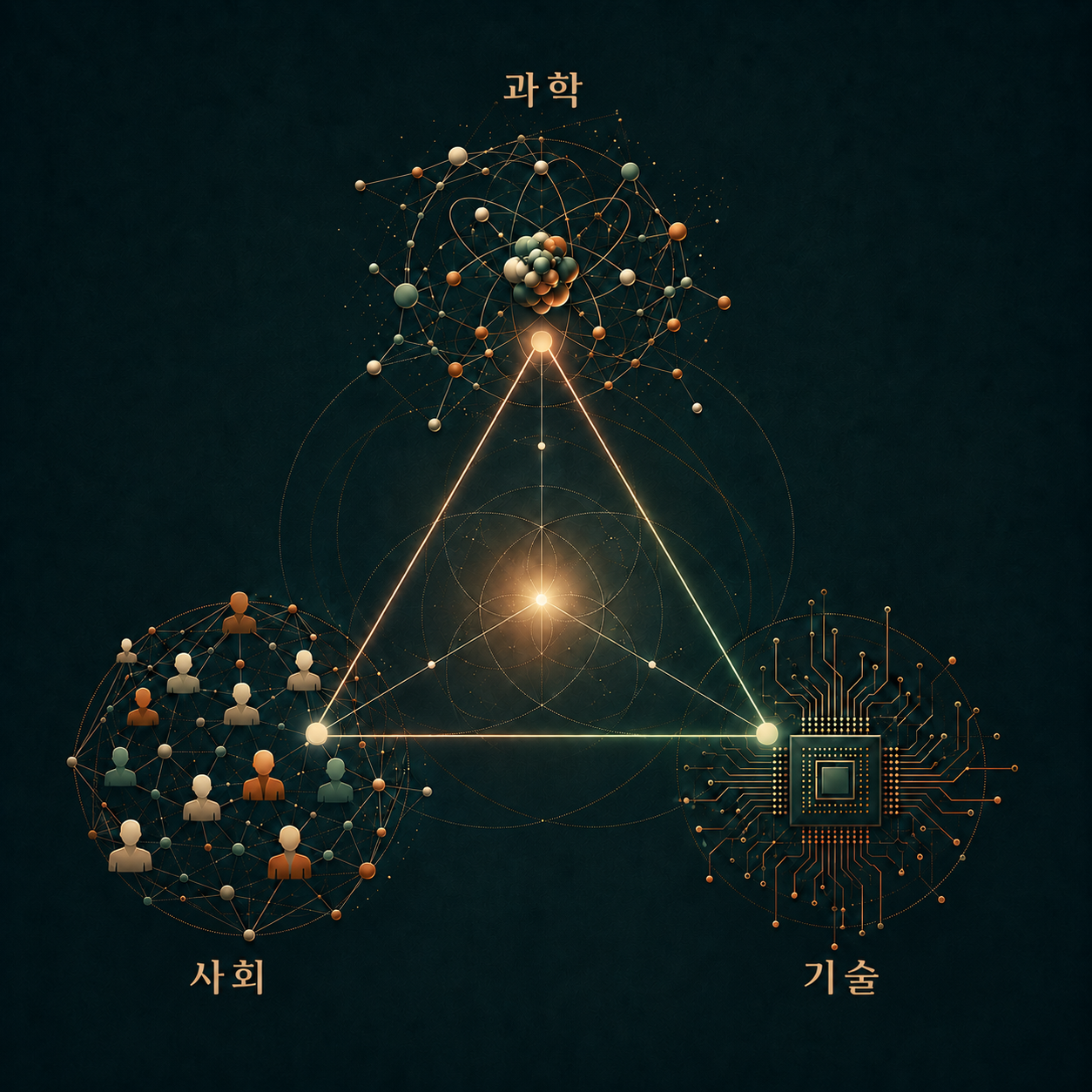 과학, 사회, 기술을 서로 연결된 삼각형의 세 꼭짓점으로 표현한 현대적 일러스트레이션